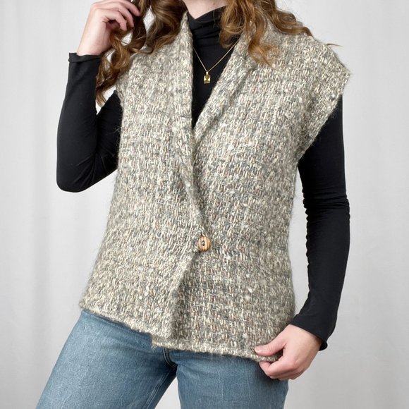 Vintage Hand Woven Wool Tweed Parisian Knit Sweater Vest Cardigan Nordic Rustic - Picture 4 of 8